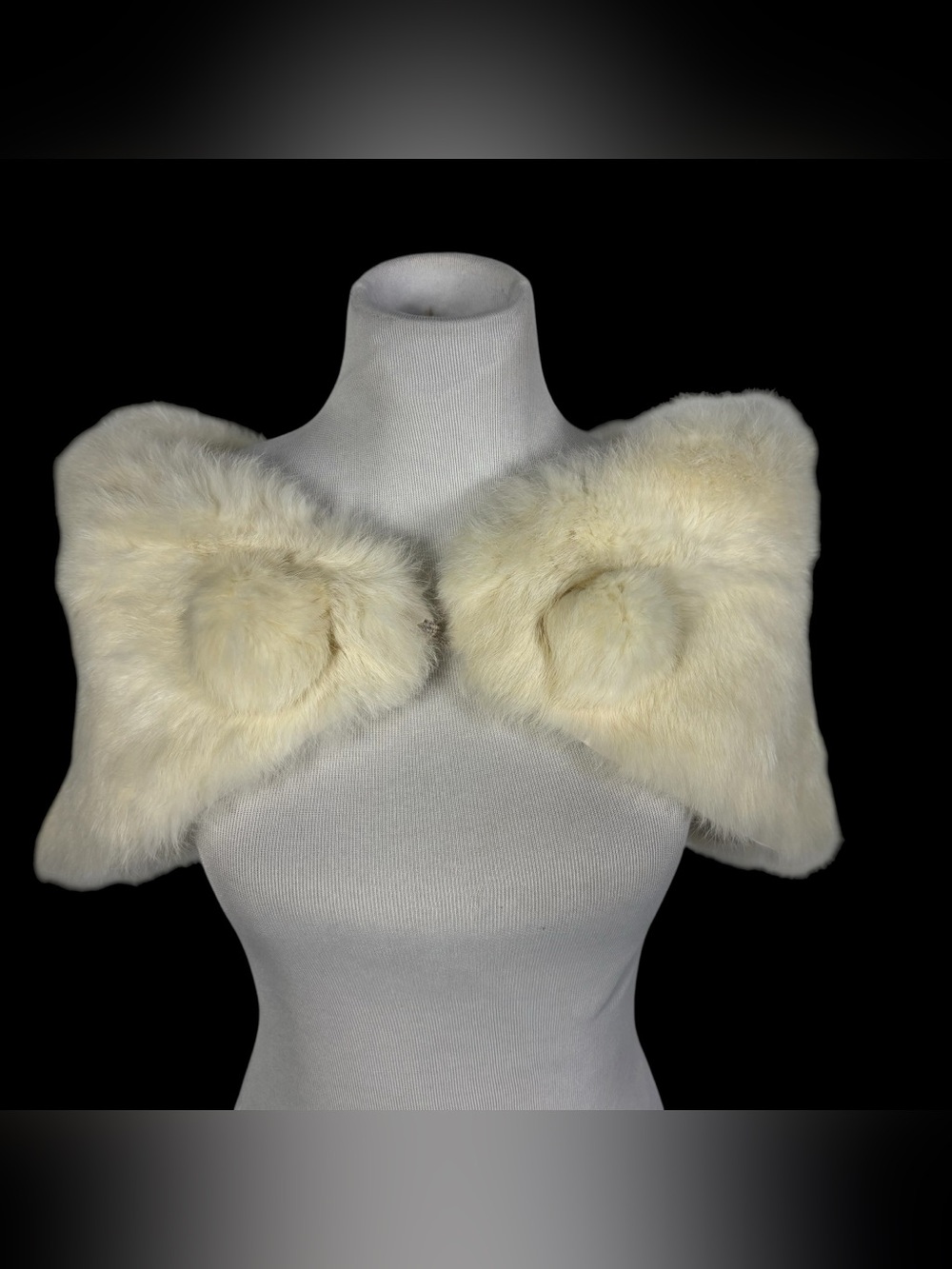 Vintage Rabbit? Fur Shawl Stole Capelet Hook Clasp Pom Poms Ivory